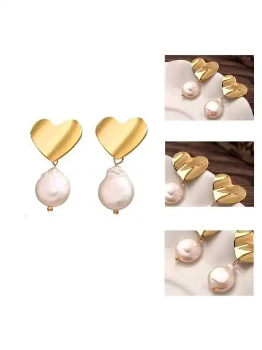 pendientes dorados con corazón y perla