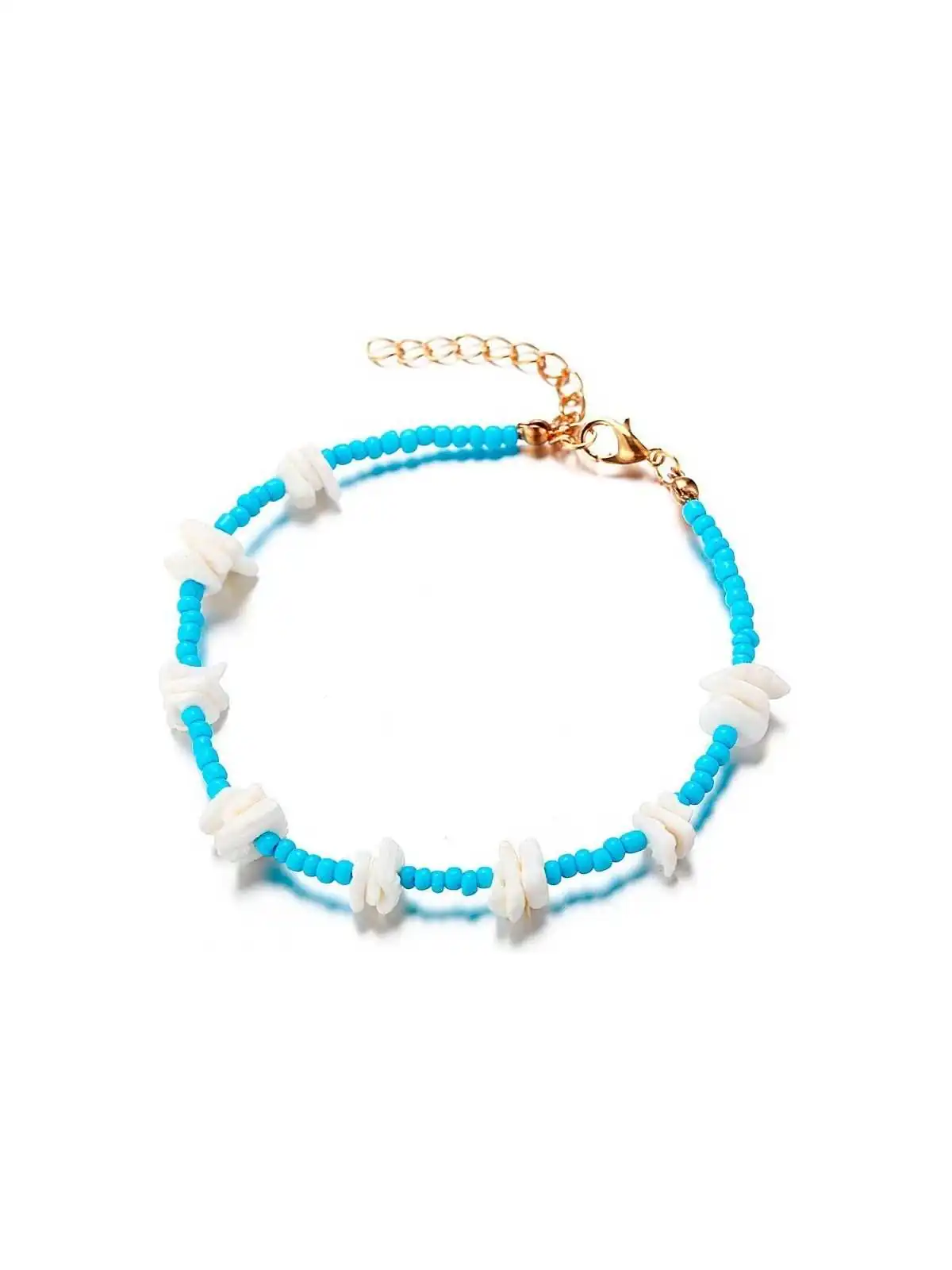 tobillera chaquiras azules y concha blanca