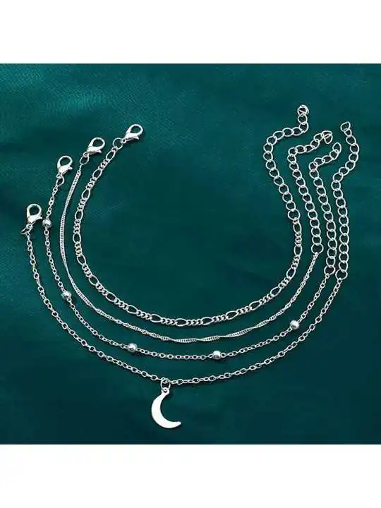 ompra Tobilleras con Cuatro Cadenas Plateadas y Luna - Encanto Nocturno