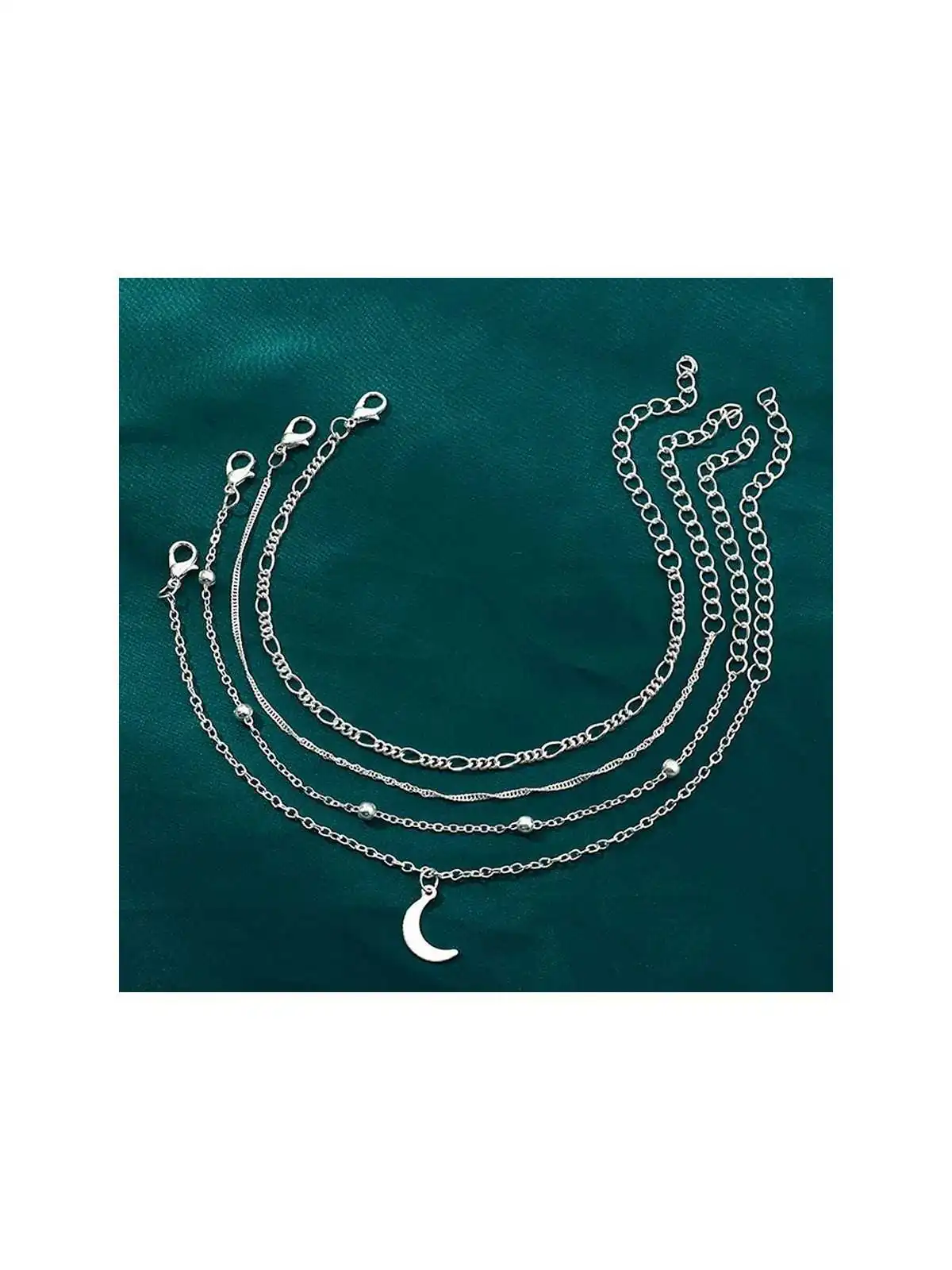 ompra Tobilleras con Cuatro Cadenas Plateadas y Luna - Encanto Nocturno