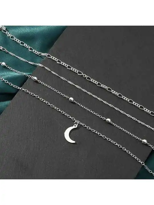 ompra Tobilleras con Cuatro Cadenas Plateadas y Luna - Encanto Nocturno