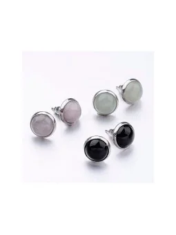 pendientes media bolita con marco plateado de piedras semipreciosas