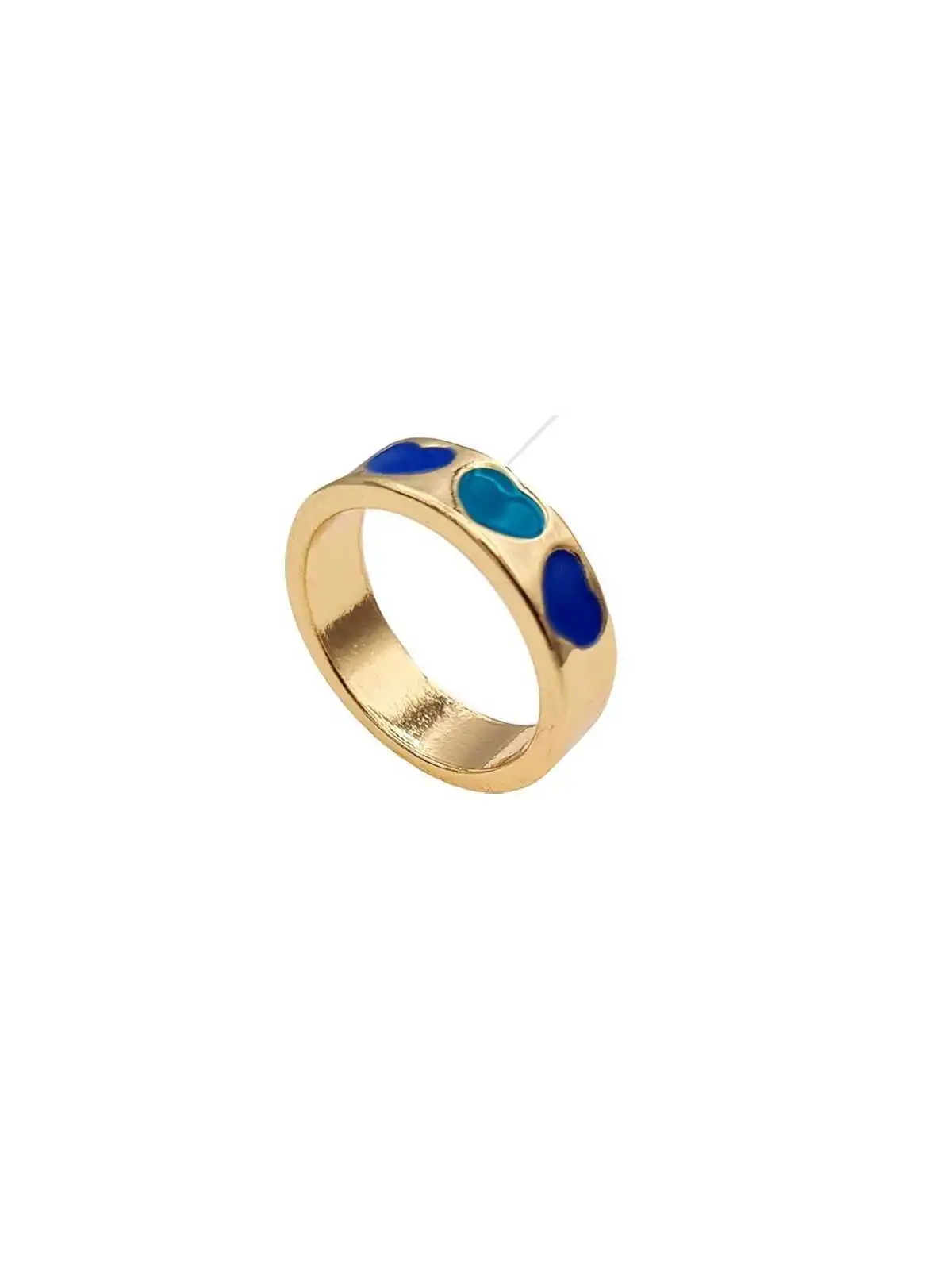 anillo dorado con esmalte azul corazones