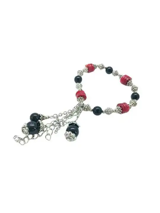 brazalete vintage de coral rojo y agata negra
