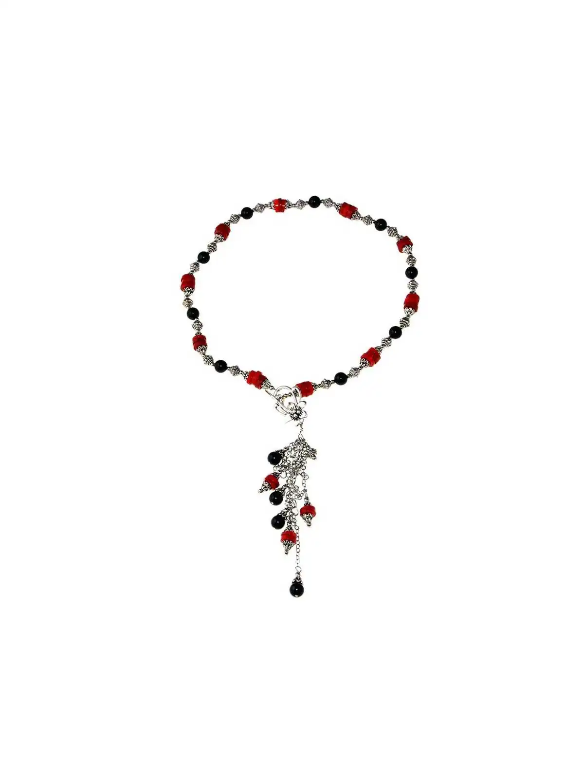 collar vintage de coral rojo y cuarzo negro 