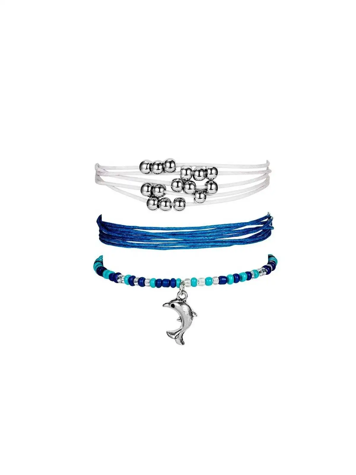 tres pulseras de cordon azul y blanco