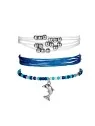 tres pulseras de cordon azul y blanco
