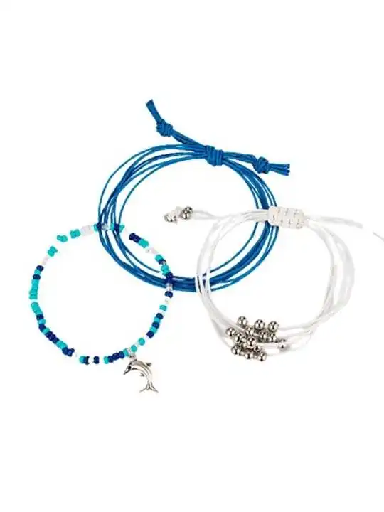 conjunto tres pulseras de cordon azul y blanco