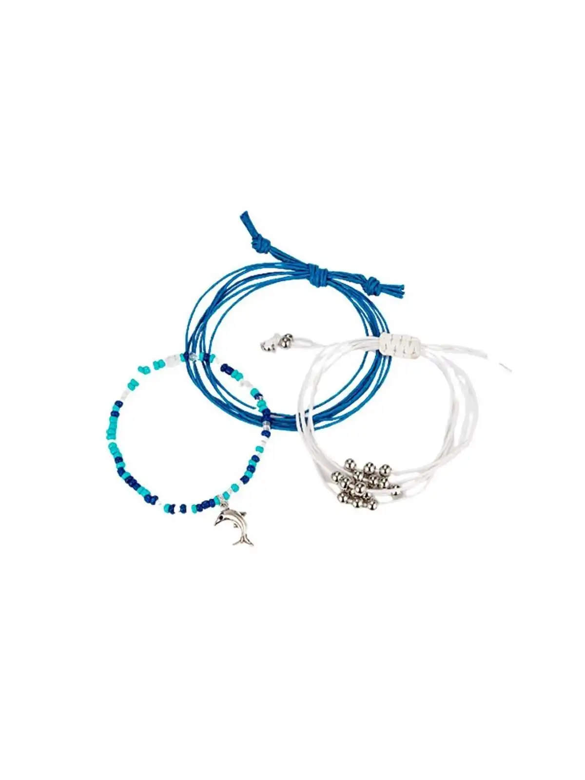 conjunto tres pulseras de cordon azul y blanco