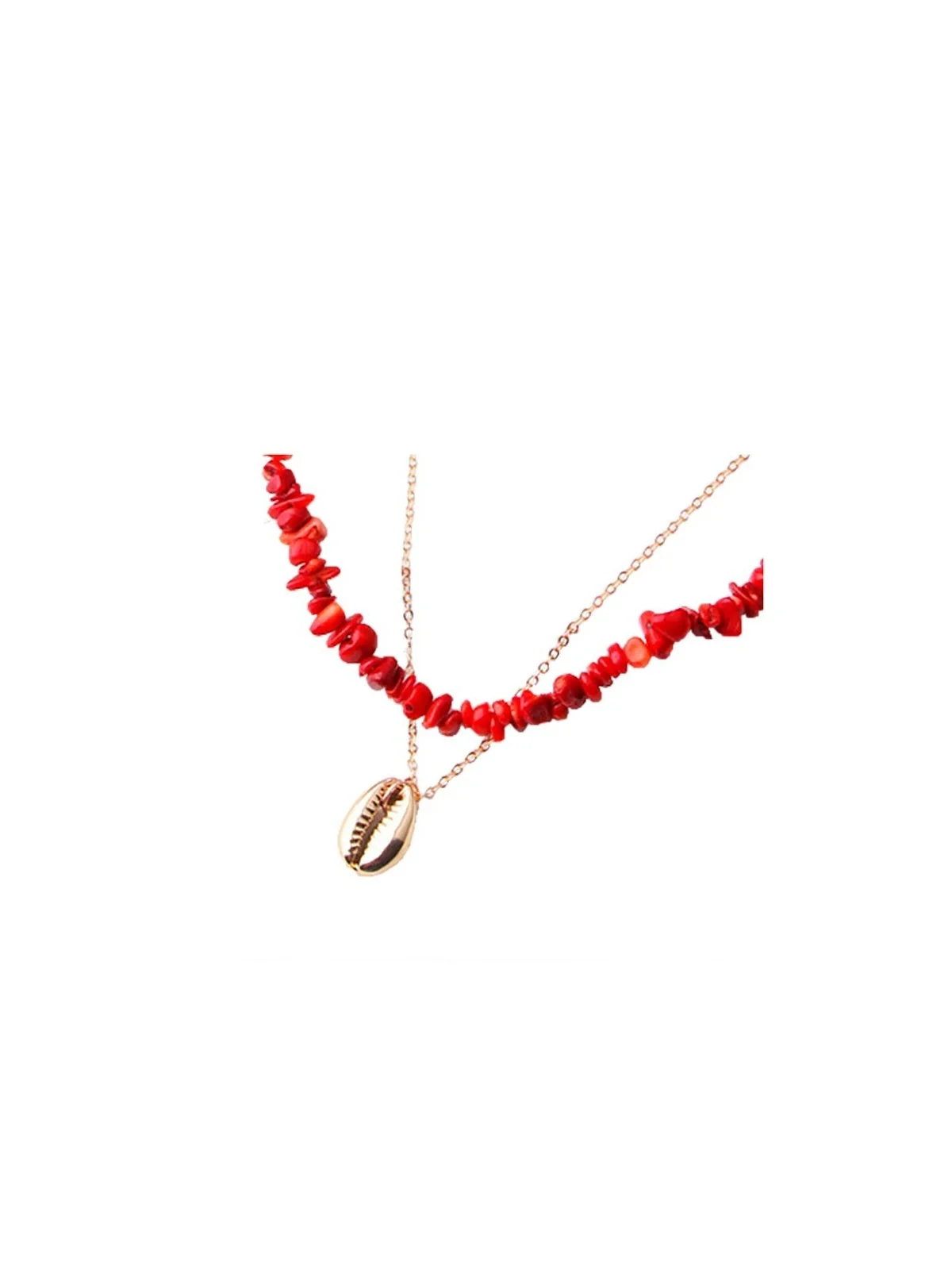 collar doble de coral rojo y concha dorada