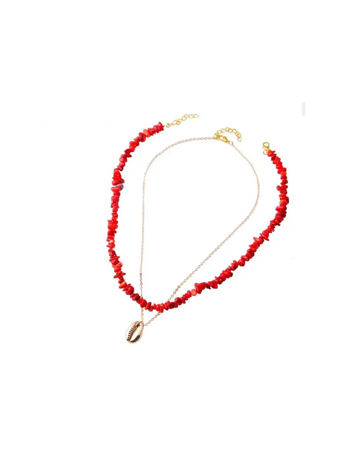 doble collar de coral rojo y concha dorada