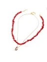 doble collar de coral rojo y concha dorada