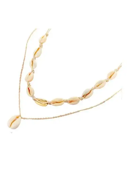 doble collar de conchas naturales y cadena con concha dorada