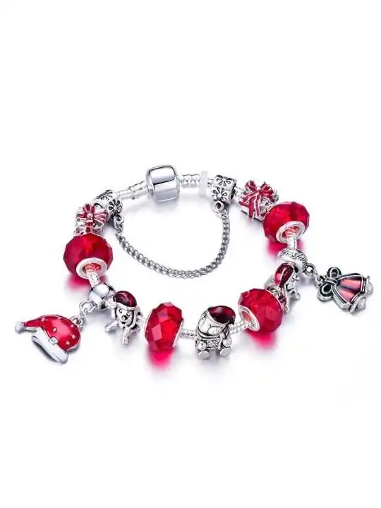 Pulsera con charms plateada de la navidad con gorrito papa noel