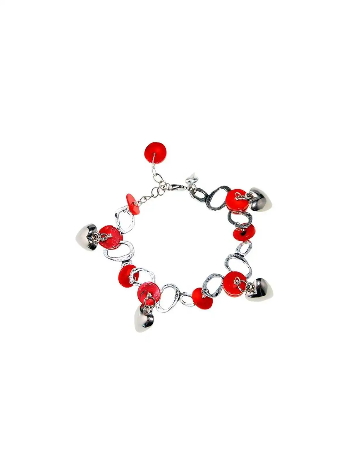 brazalete de coral rojo y corazones plateados 