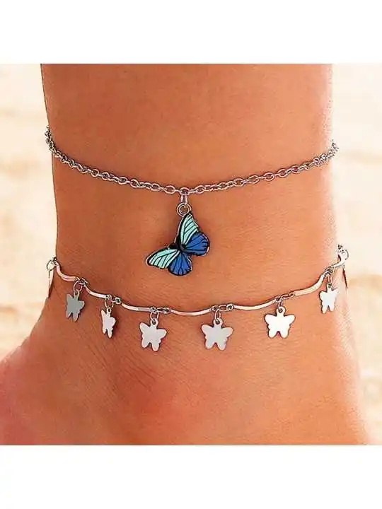 Tobillera Doble Mariposita Azul y Plata