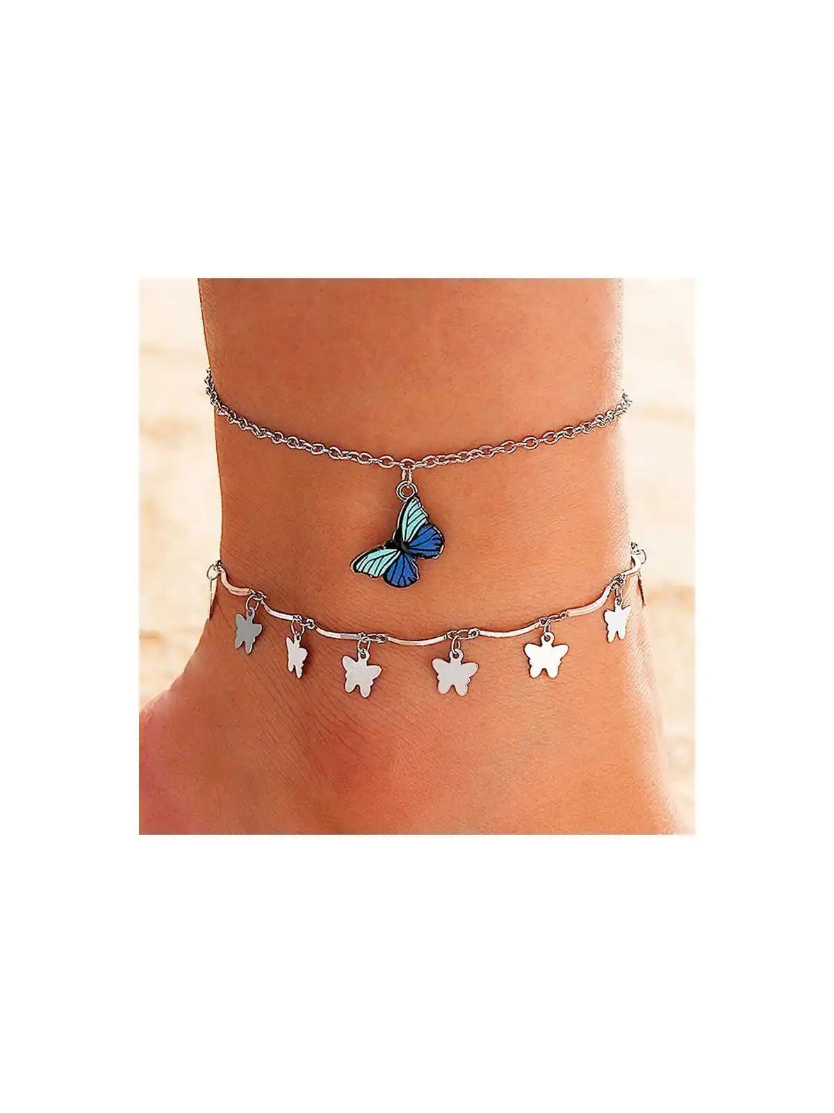 Tobillera Doble Mariposita Azul y Plata