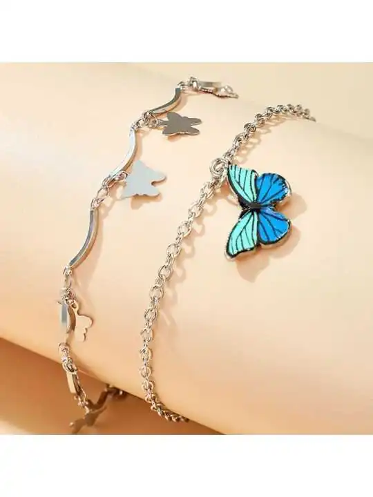 Tobillera Doble Mariposita Azul y Plata