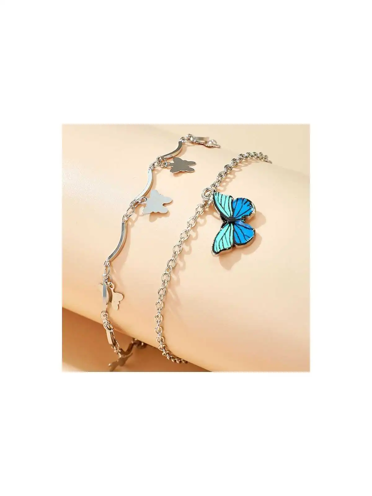 Tobillera Doble Mariposita Azul y Plata