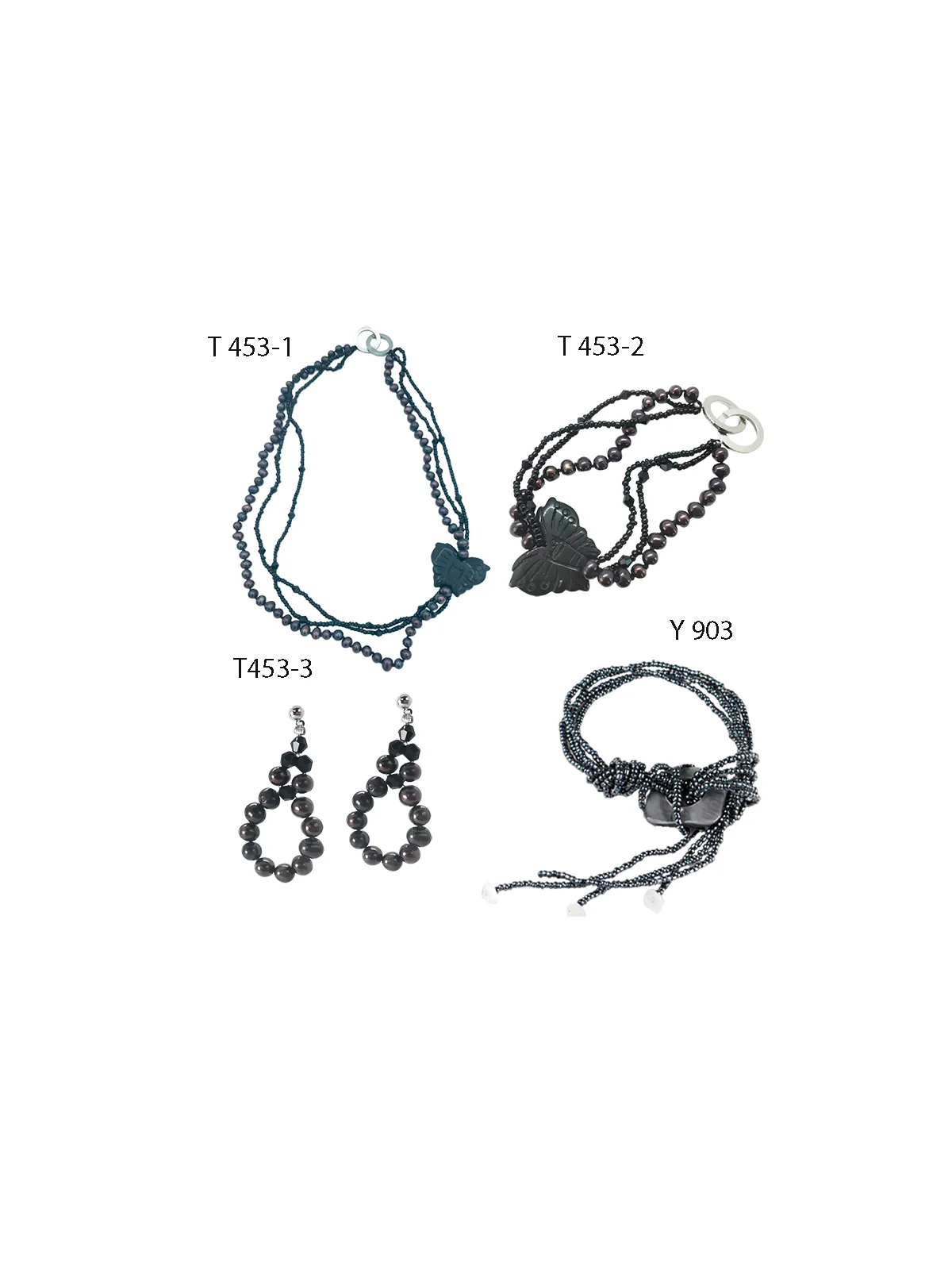 Conjunto de cuatro preciosas piezas de perlas grises y nácar