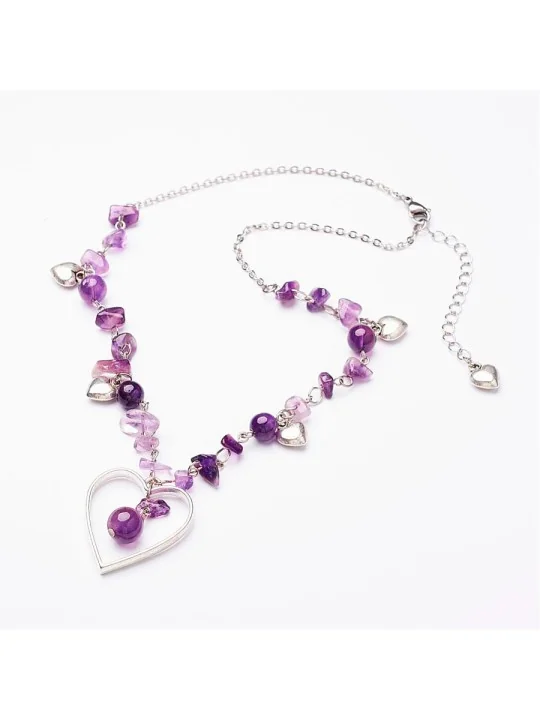 Collar Fantasía de Piedras Amatistas y Corazones