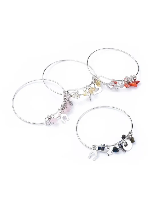 Pulsera Plateada Imperdible con Chips Semipreciosas y Abalorios
