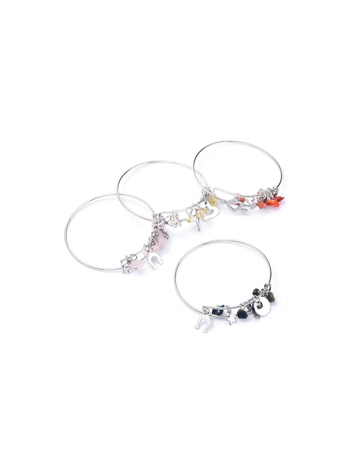 Pulsera Plateada Imperdible con Chips Semipreciosas y Abalorios