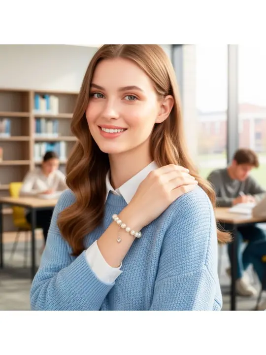 que bien le queda la pulsera de perlas