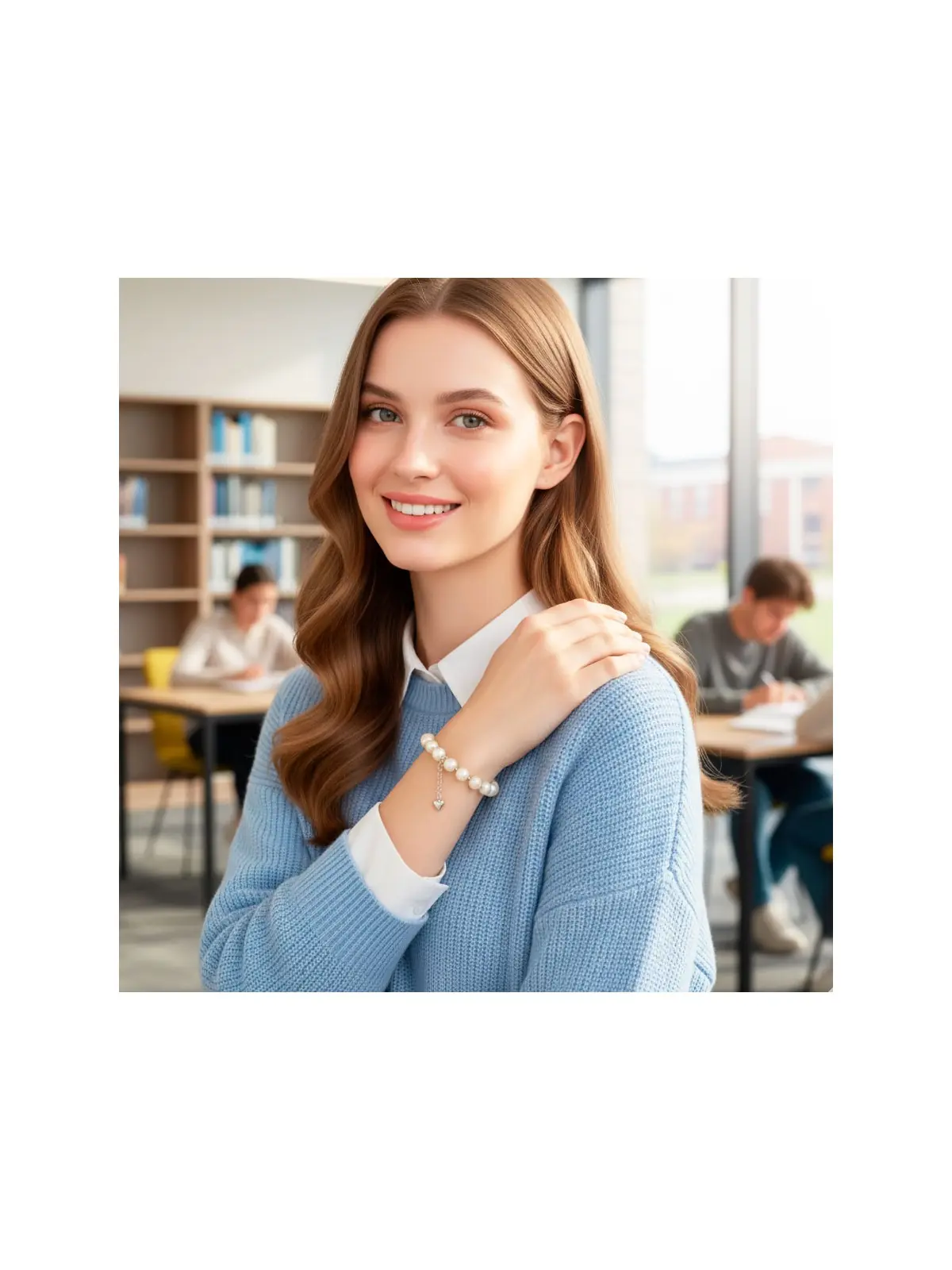 que bien le queda la pulsera de perlas