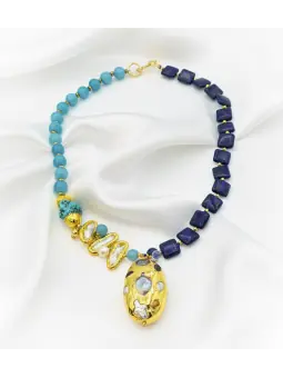 magnifico collar de turquesas y lapislazuli naturales con colgante central