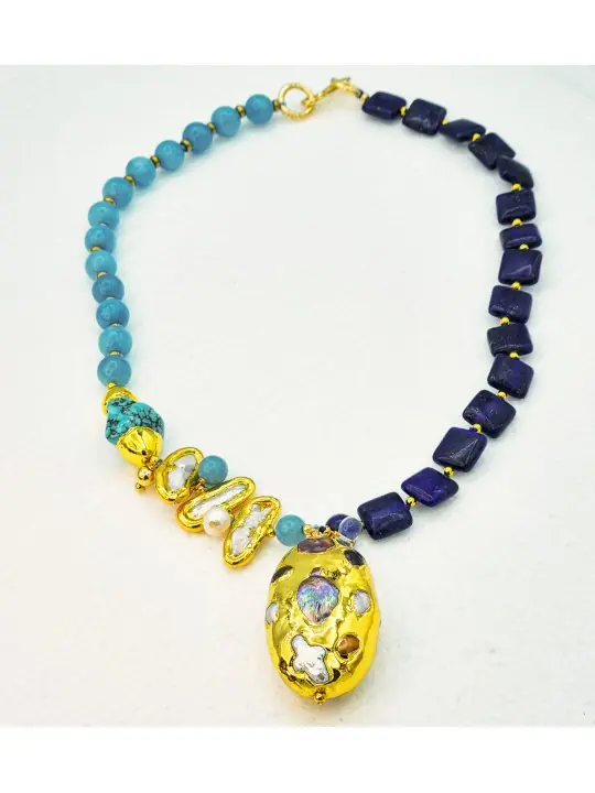 precioso collar de turquesas y lapislazuli naturales con colgante central precioso collar de turquesas y lapislazuli naturales con colgante central