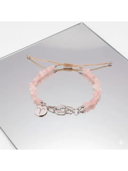 pulsera aries con cuarzo rosa natural y corazones