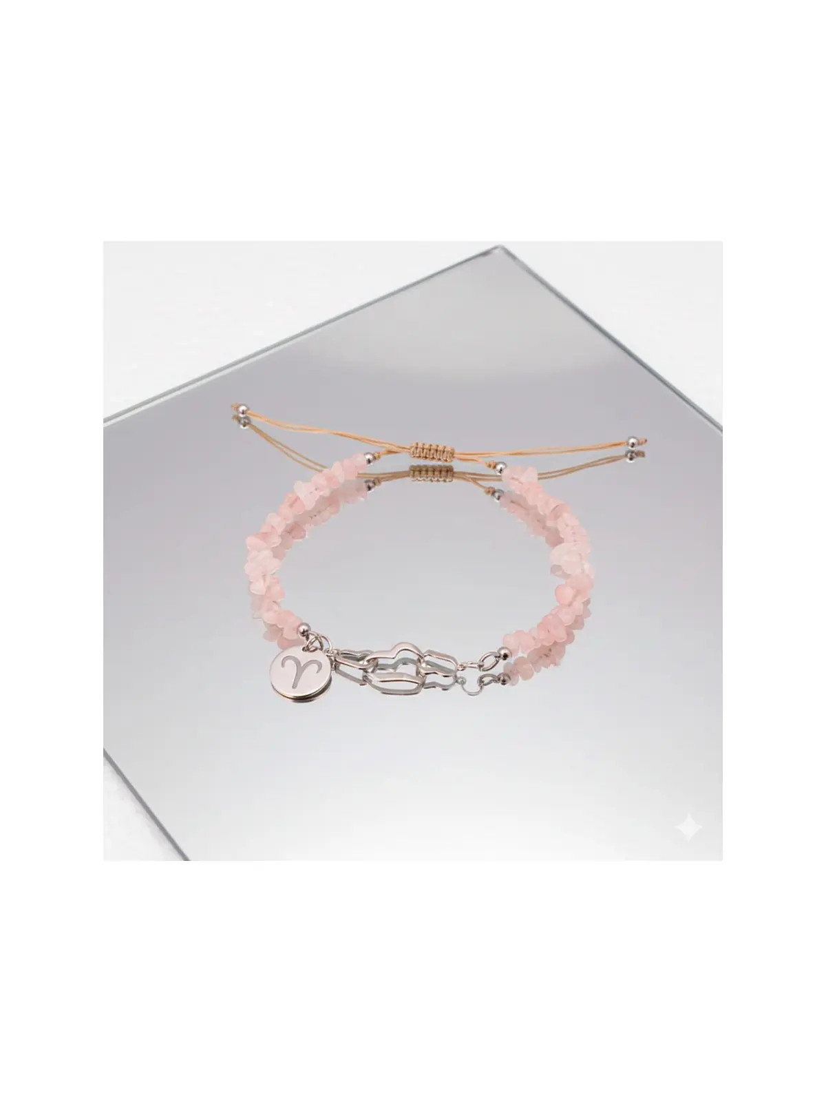 pulsera aries con cuarzo rosa natural y corazones